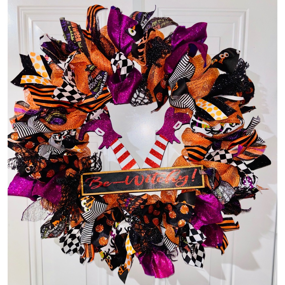 Halloween Deco Mesh Wreath Be-Witchy Sign Striped Witch Legs Orange Purple 21in